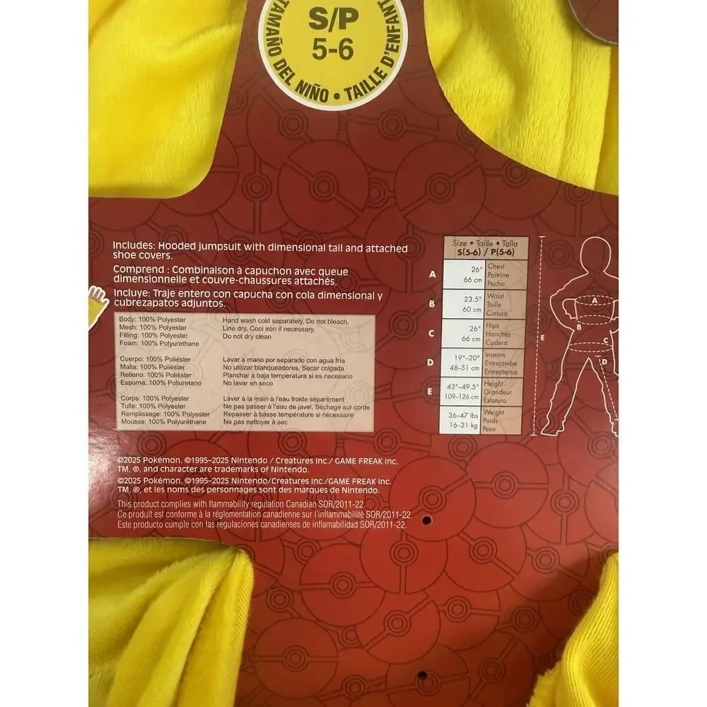 Pokémon Pikachu Costume Kids5-6 Hooded Jumpsuit & Tail ShoeCover Disguise Unisex